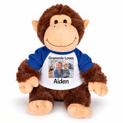 Personalized Stuffed Monkey - Aurora Plush 12" Chimp with Photo and/or Text - White w/Royal Blue Sleeves – add $3, Print on Front Only (Included)
