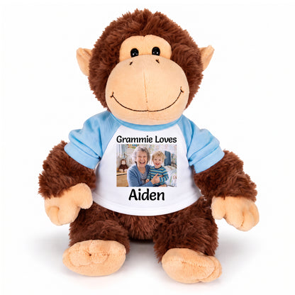 Personalized Stuffed Monkey - Aurora Plush 12" Chimp with Photo and/or Text - White w/Light Blue Sleeves – add $3, Print on Front Only (Included)