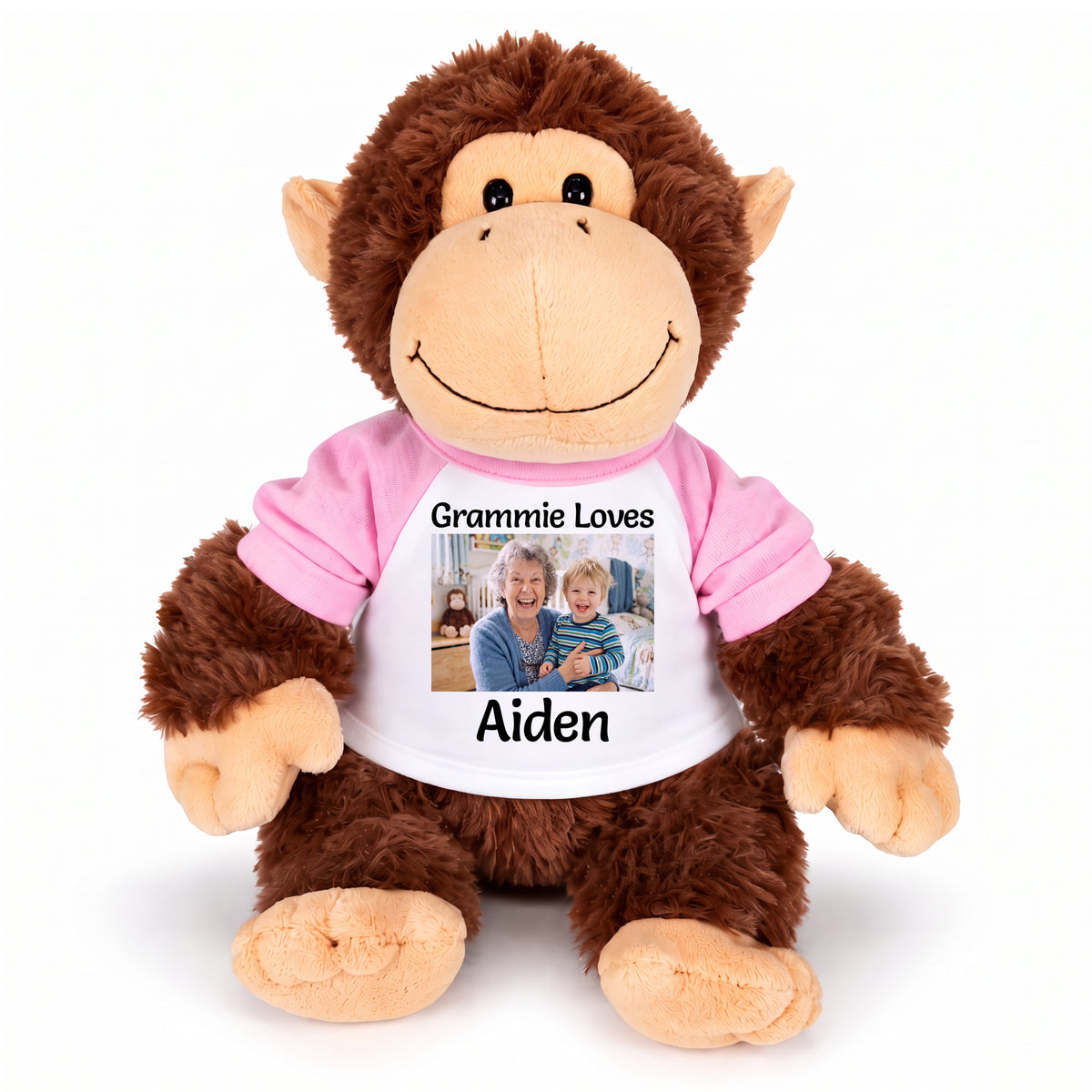 Personalized Stuffed Monkey - Aurora Plush 12" Chimp with Photo and/or Text - White w/Pink Sleeves – add $3, Print on Front Only (Included)