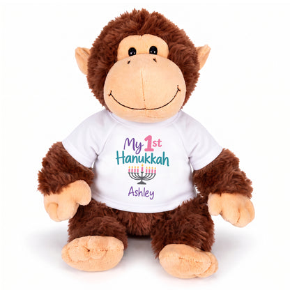 Personalized Hanukkah Stuffed Monkey - 12 Inch Plush Tubbie Wubbies Chimp - My 1st Hanukkah, White Shirt / Pastel Design