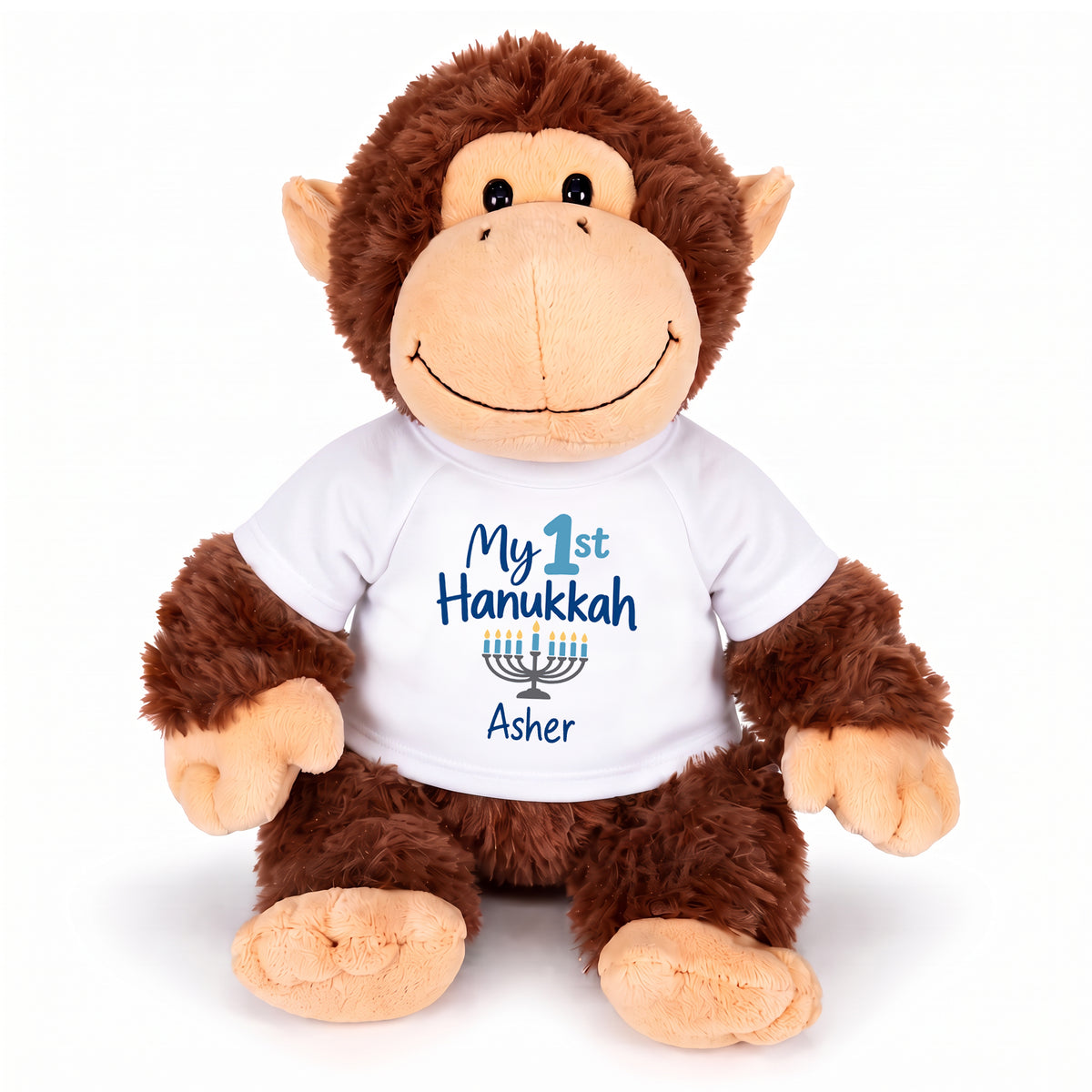 Personalized Hanukkah Stuffed Monkey - 12 Inch Plush Tubbie Wubbies Chimp - My 1st Hanukkah, White Shirt / Blue Design