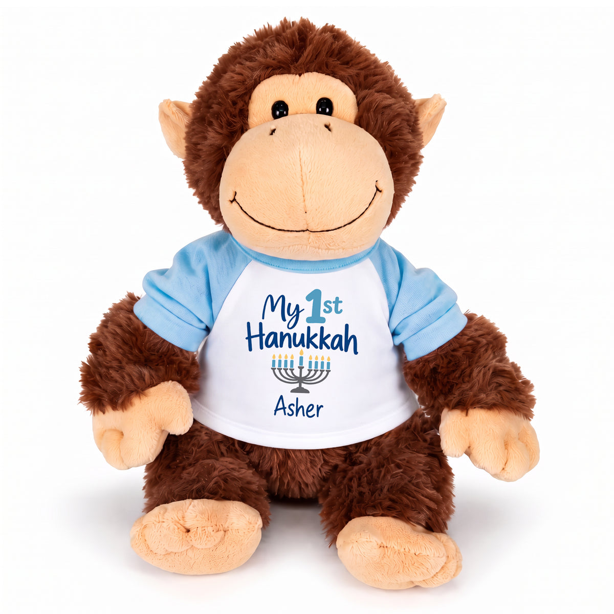 Personalized Hanukkah Stuffed Monkey - 12 Inch Plush Tubbie Wubbies Chimp - My 1st Hanukkah, Light Blue Shirt / Blue Design