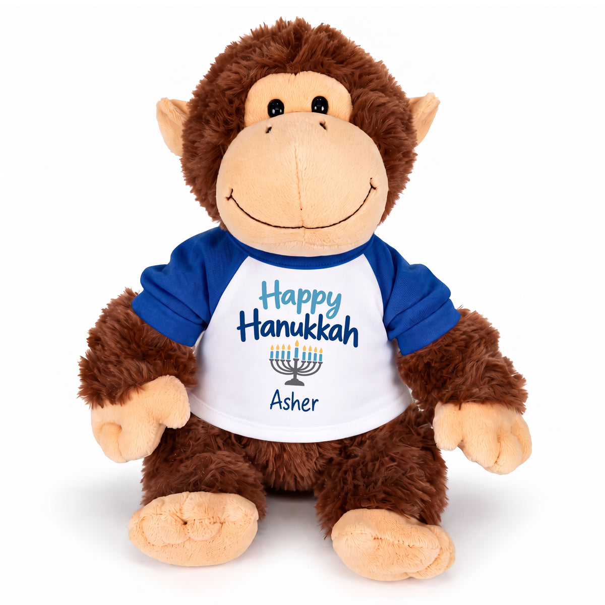 Personalized Hanukkah Stuffed Monkey - 12 Inch Plush Tubbie Wubbies Chimp - Happy Hanukkah, Royal Blue Shirt / Blue Design