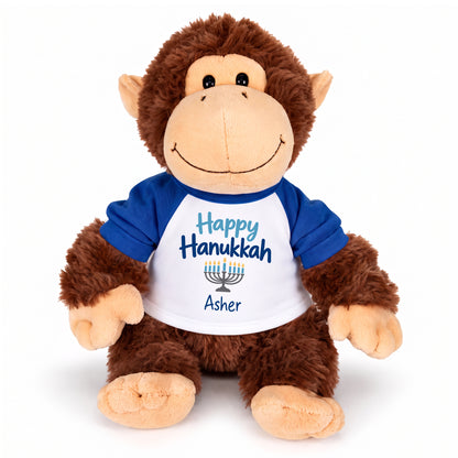 Personalized Hanukkah Stuffed Monkey - 12 Inch Plush Tubbie Wubbies Chimp - Happy Hanukkah, Royal Blue Shirt / Blue Design