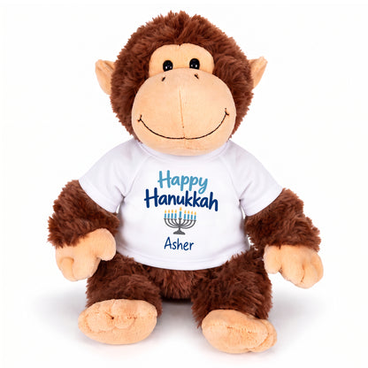 Personalized Hanukkah Stuffed Monkey - 12 Inch Plush Tubbie Wubbies Chimp - Happy Hanukkah, White Shirt / Blue Design