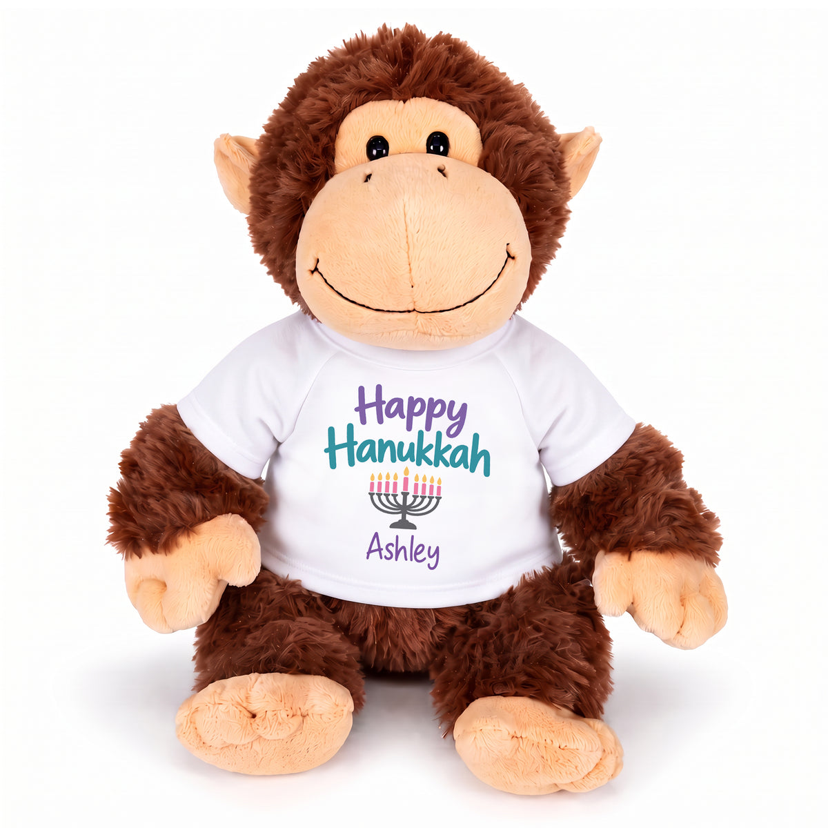 Personalized Hanukkah Stuffed Monkey - 12 Inch Plush Tubbie Wubbies Chimp - Happy Hanukkah, White Shirt / Pastel Design