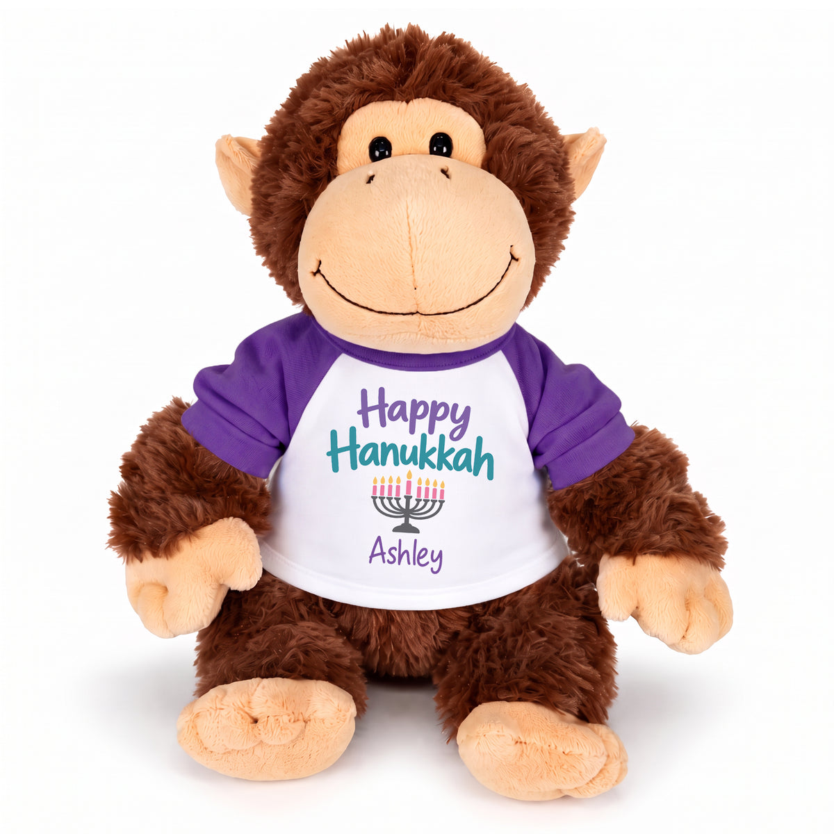 Personalized Hanukkah Stuffed Monkey - 12 Inch Plush Tubbie Wubbies Chimp - Happy Hanukkah, Purple Shirt / Pastel Design