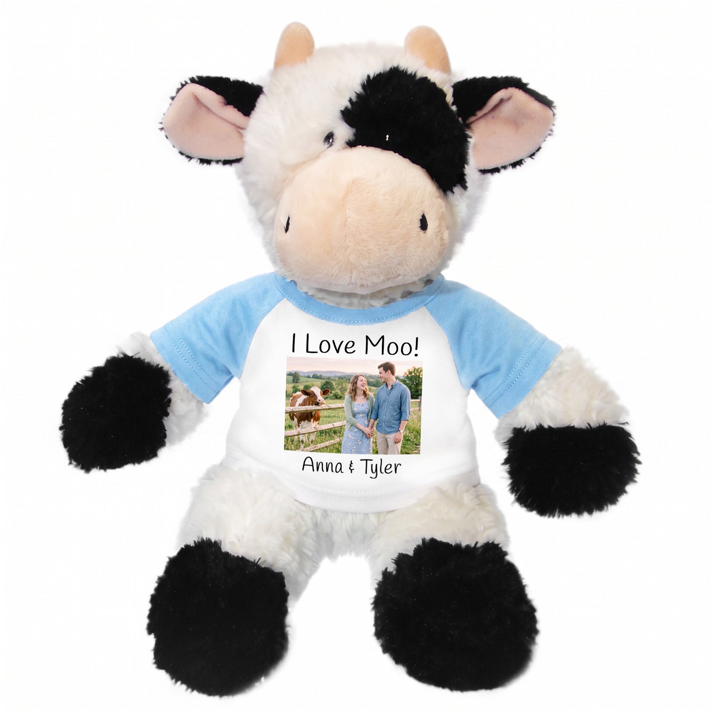Personalized Stuffed Cow - 12 inch Tubbie Wubbie Cow with Photo and/or Text - Light Blue Shirt