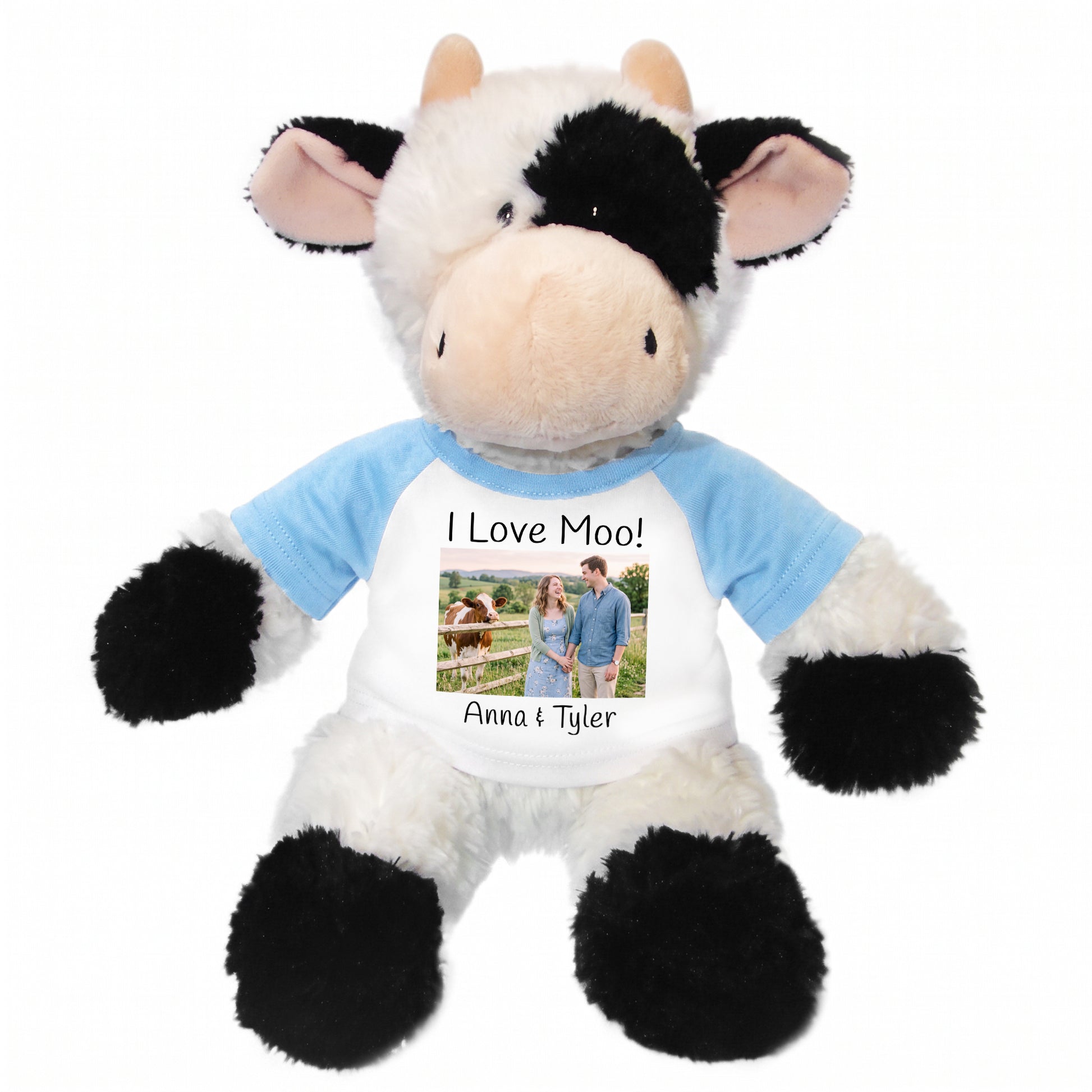 Personalized Stuffed Cow - 12 inch Tubbie Wubbie Cow with Photo and/or Text - Light Blue Shirt