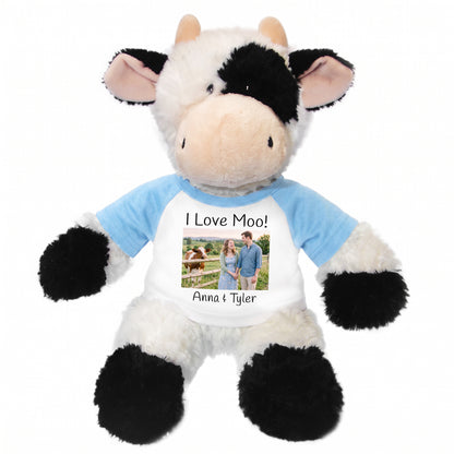 Personalized Stuffed Cow - 12 inch Tubbie Wubbie Cow with Photo and/or Text - Light Blue Shirt