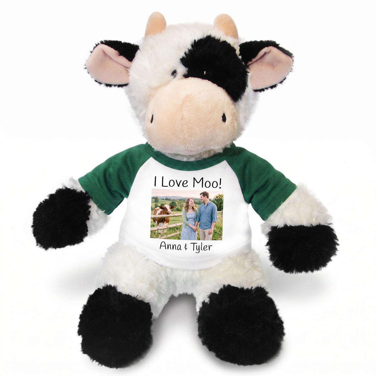Personalized Stuffed Cow - 12 inch Tubbie Wubbie Cow with Photo and/or Text - Green Shirt