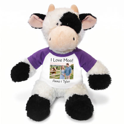 Personalized Stuffed Cow - 12 inch Tubbie Wubbie Cow with Photo and/or Text - Purple Shirt