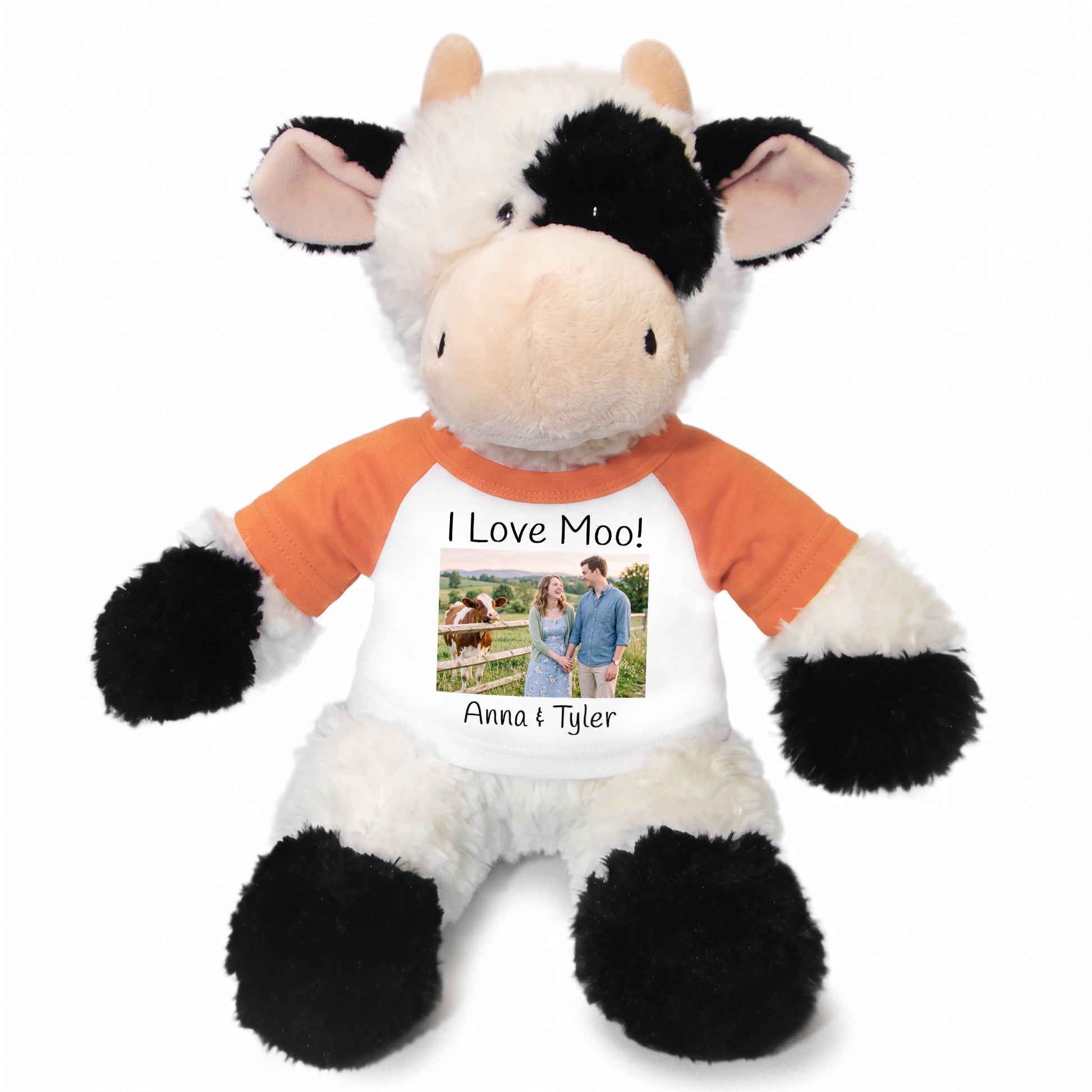 Personalized Stuffed Cow - 12 inch Tubbie Wubbie Cow with Photo and/or Text - Orange Shirt