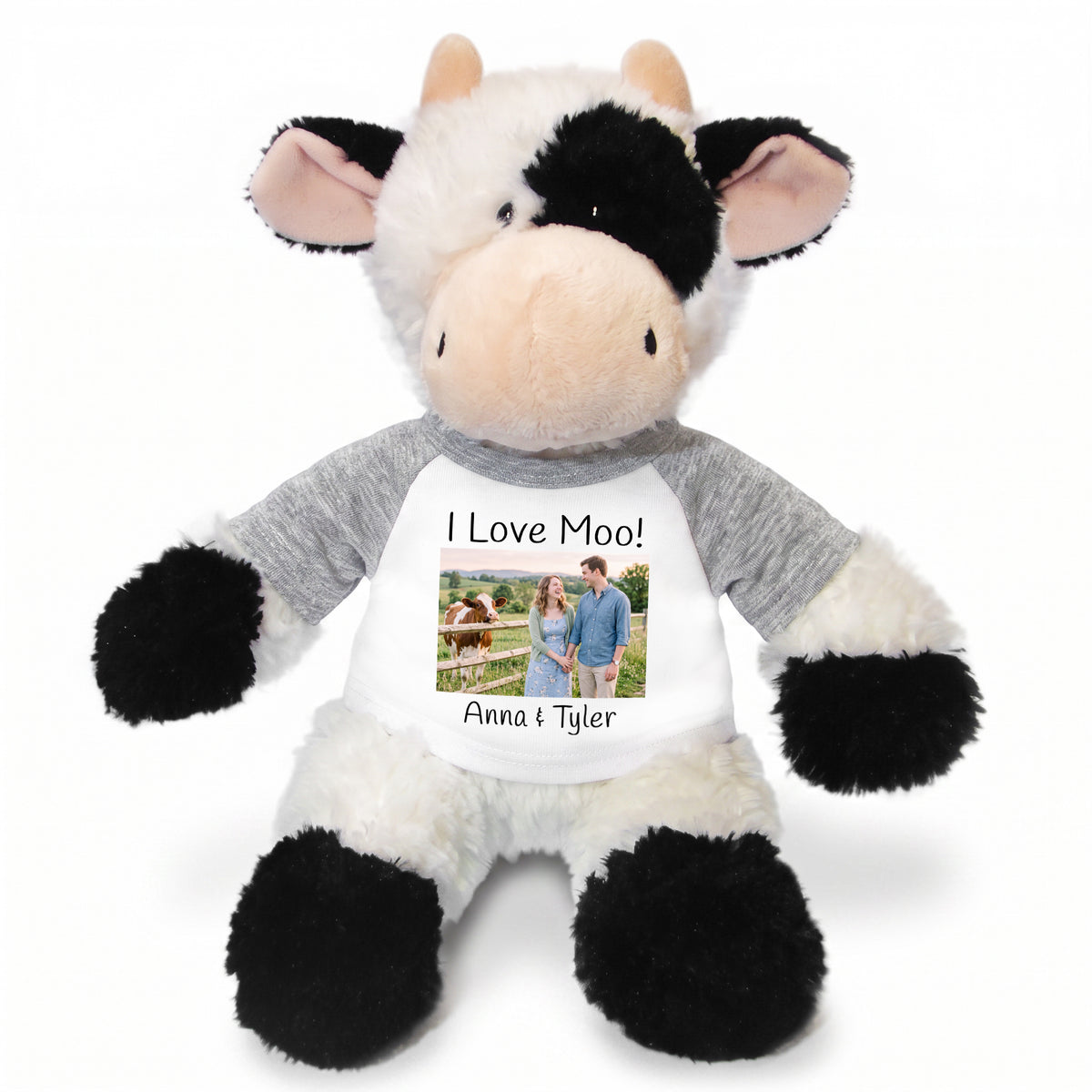 Personalized Stuffed Cow - 12 inch Tubbie Wubbie Cow with Photo and/or Text - Grey Shirt