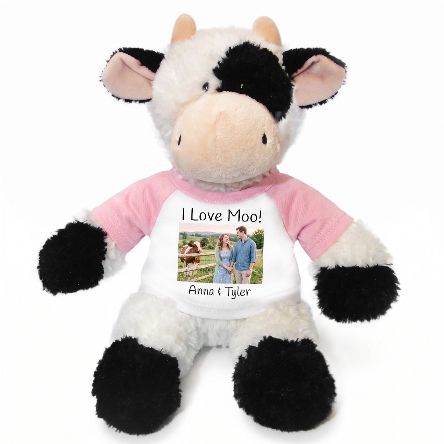 Personalized Stuffed Cow - 12 inch Tubbie Wubbie Cow with Photo and/or Text - Pink Shirt