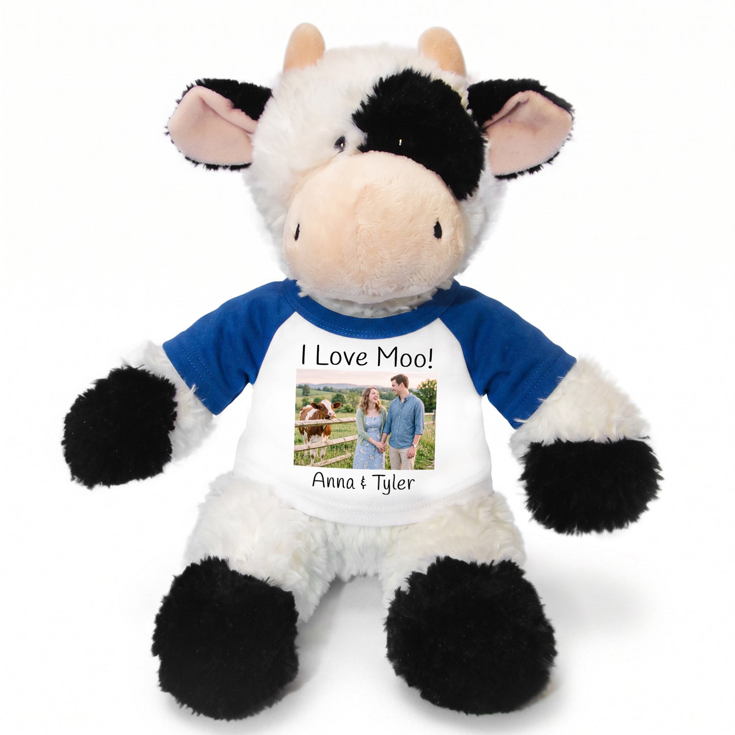 Personalized Stuffed Cow - 12 inch Tubbie Wubbie Cow with Photo and/or Text - Royal Blue Shirt