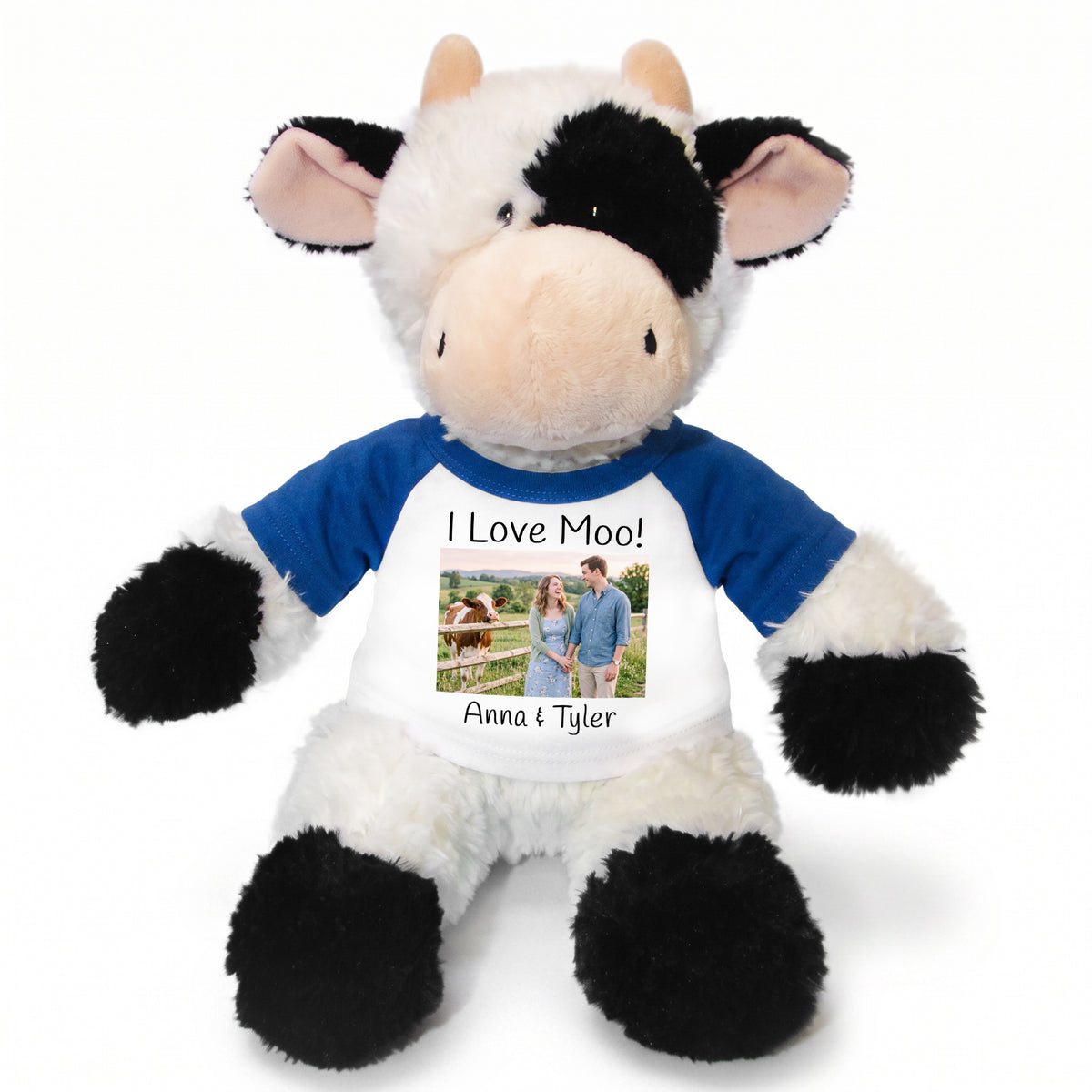 Personalized Stuffed Cow - 12 inch Tubbie Wubbie Cow with Photo and/or Text - Royal Blue Shirt