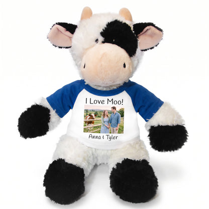 Personalized Stuffed Cow - 12 inch Tubbie Wubbie Cow with Photo and/or Text - Royal Blue Shirt