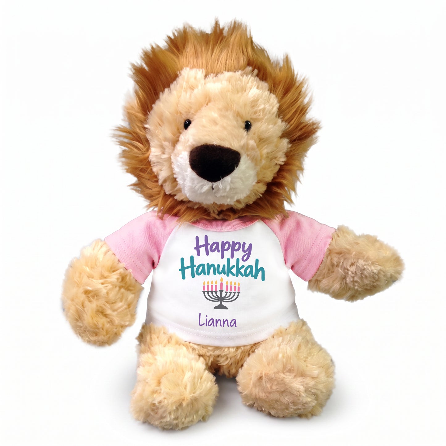 Personalized Hanukkah Stuffed Lion - 12 Inch Plush Tubbie Wubbies Lion - Happy Hanukkah, Pink Shirt / Pastel Design