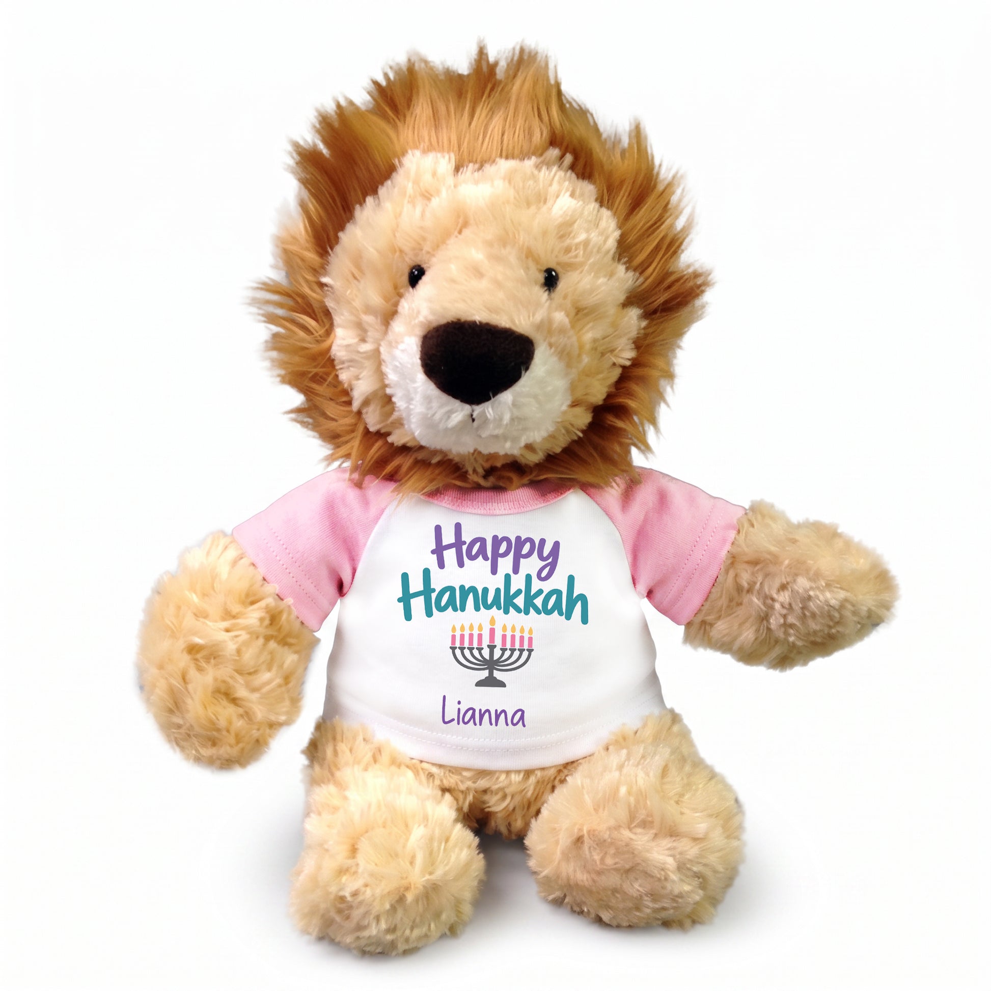 Personalized Hanukkah Stuffed Lion - 12 Inch Plush Tubbie Wubbies Lion - Happy Hanukkah, Pink Shirt / Pastel Design