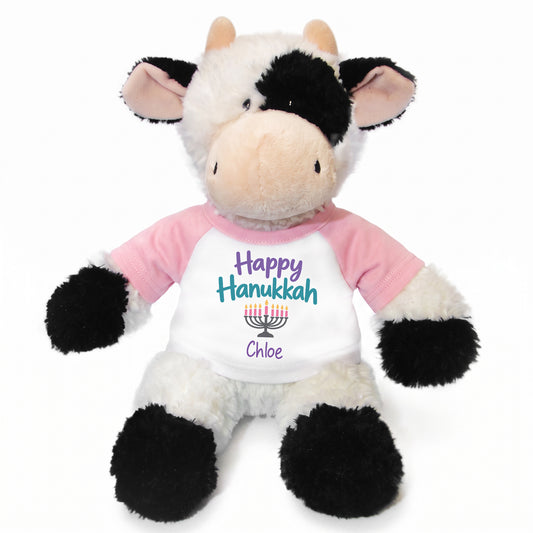 Personalized Hanukkah Stuffed Cow - 12 Inch Plush Tubbie Wubbies Cow - Happy Hanukkah, Pink Shirt / Pastel Design