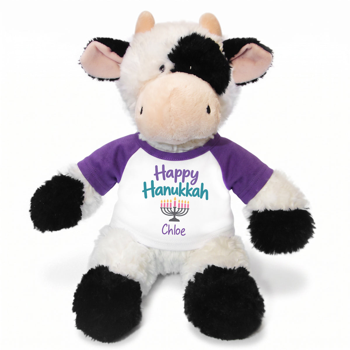 Personalized Hanukkah Stuffed Cow - 12 Inch Plush Tubbie Wubbies Cow - Happy Hanukkah, Purple Shirt / Pastel Design