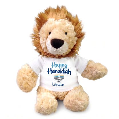 Personalized Hanukkah Stuffed Lion - 12 Inch Plush Tubbie Wubbies Lion - Happy Hanukkah, White Shirt / Blue Design