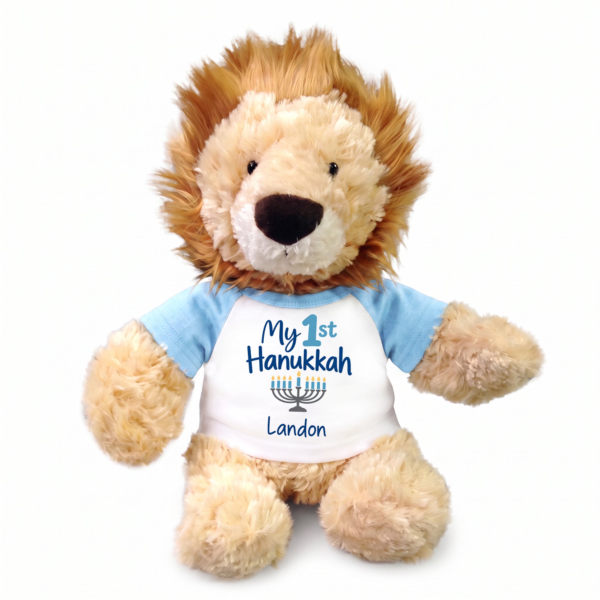Personalized Hanukkah Stuffed Lion - 12 Inch Plush Tubbie Wubbies Lion - My 1st Hanukkah, Light Blue Shirt / Blue Design