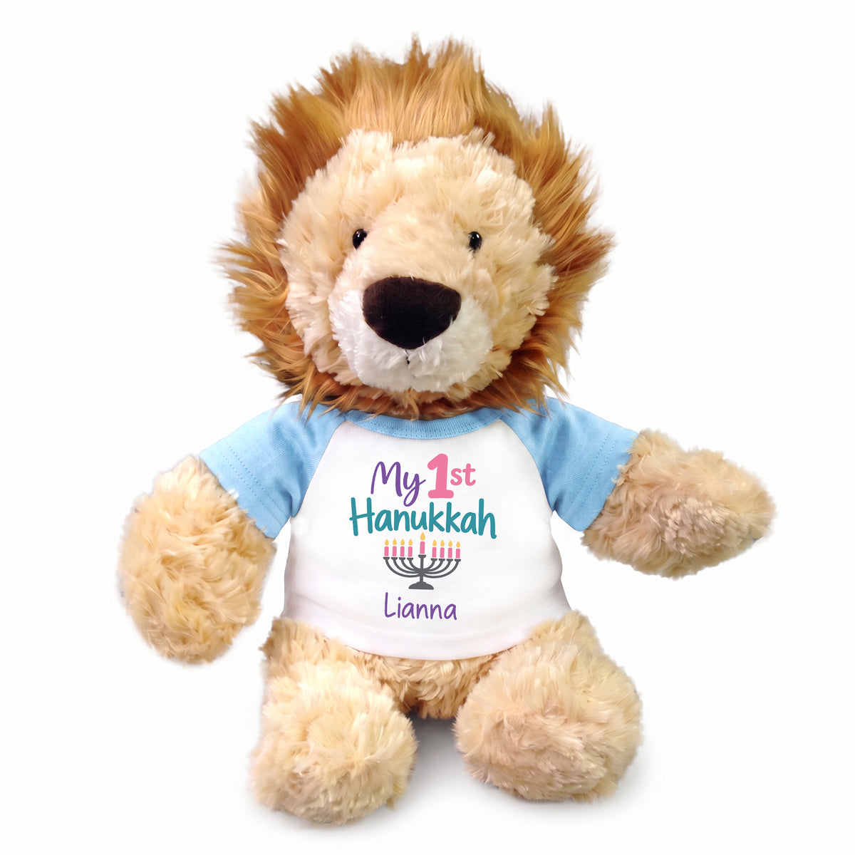 Personalized Hanukkah Stuffed Lion - 12 Inch Plush Tubbie Wubbies Lion - My 1st Hanukkah, Light Blue Shirt / Pastel Design