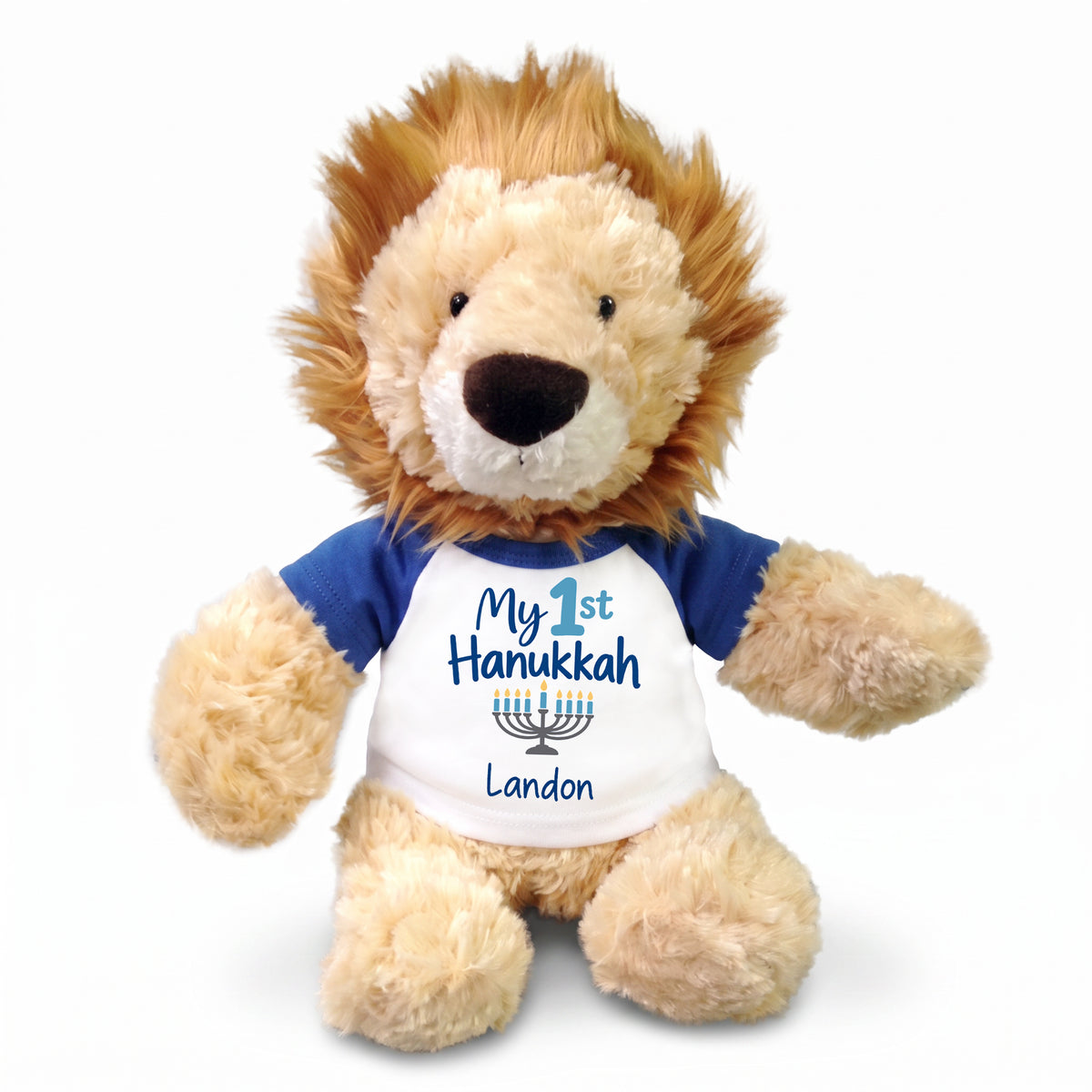 Personalized Hanukkah Stuffed Lion - 12 Inch Plush Tubbie Wubbies Lion - My 1st Hanukkah, Royal Blue Shirt / Blue Design