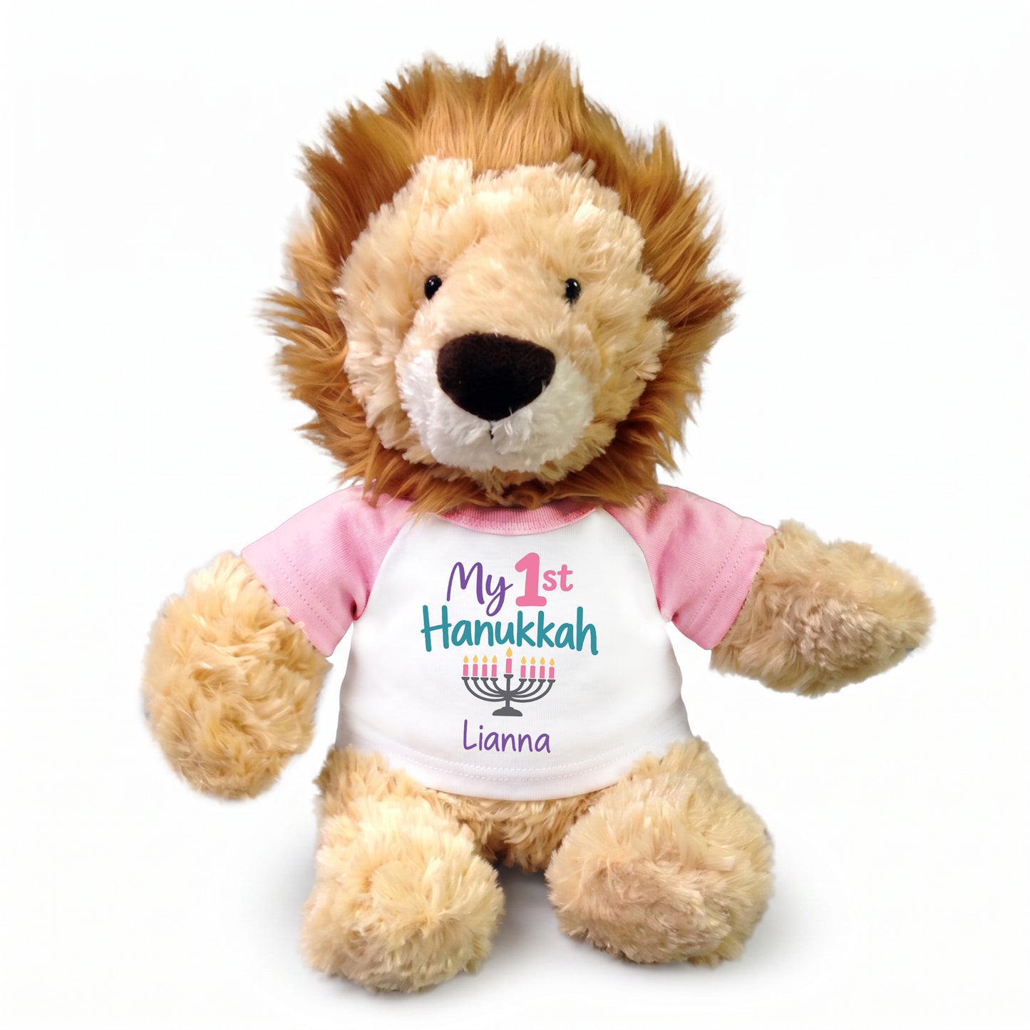 Personalized Hanukkah Stuffed Lion - 12 Inch Plush Tubbie Wubbies Lion - My 1st Hanukkah, Pink Shirt / Pastel Design