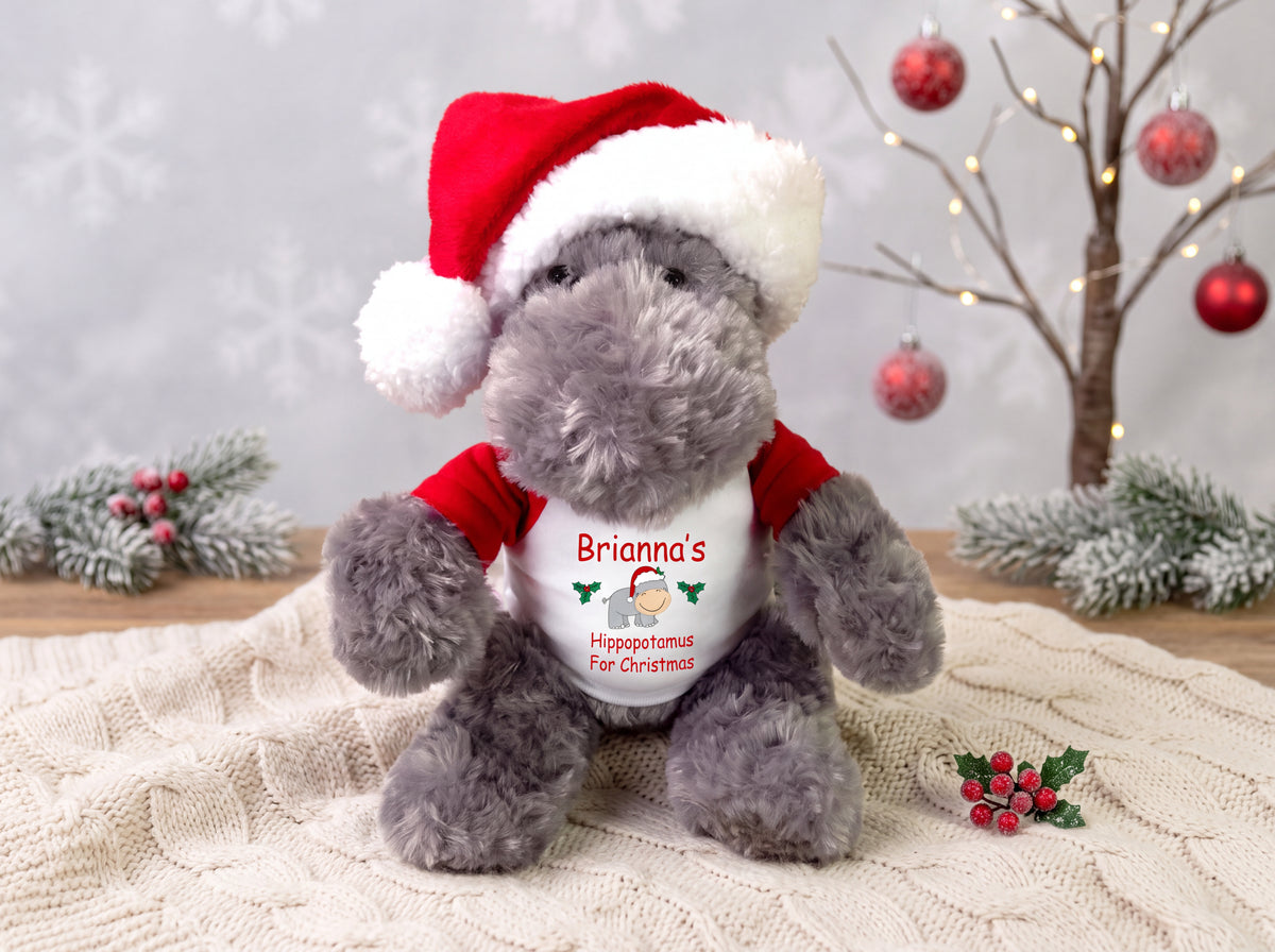 Hippopotamus For Christmas - 12" Personalized Plush Hippo with Santa Hat - custom Christmas gift