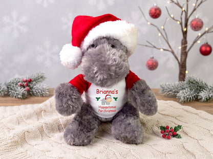 Hippopotamus For Christmas - 12" Personalized Plush Hippo with Santa Hat - custom Christmas gift