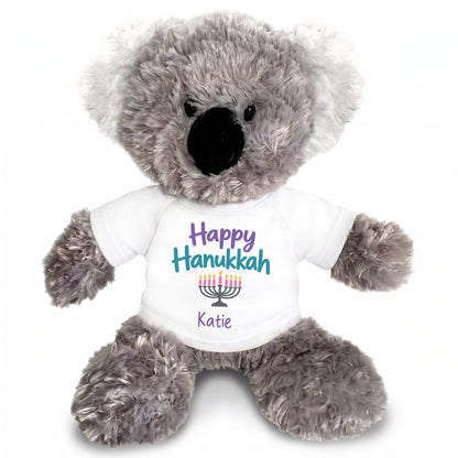 Personalized Hanukkah Stuffed Koala - 12 Inch Plush Tubbie Wubbies Koala - Happy Hanukkah, White Shirt / Pastel Design