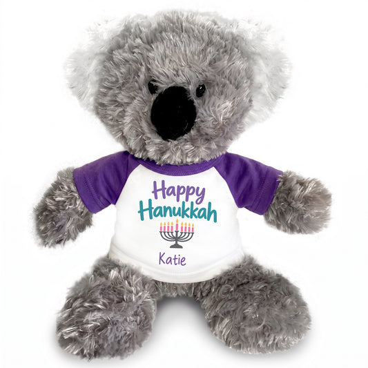 Personalized Hanukkah Stuffed Koala - 12 Inch Plush Tubbie Wubbies Koala - Happy Hanukkah, Purple Shirt / Pastel Design