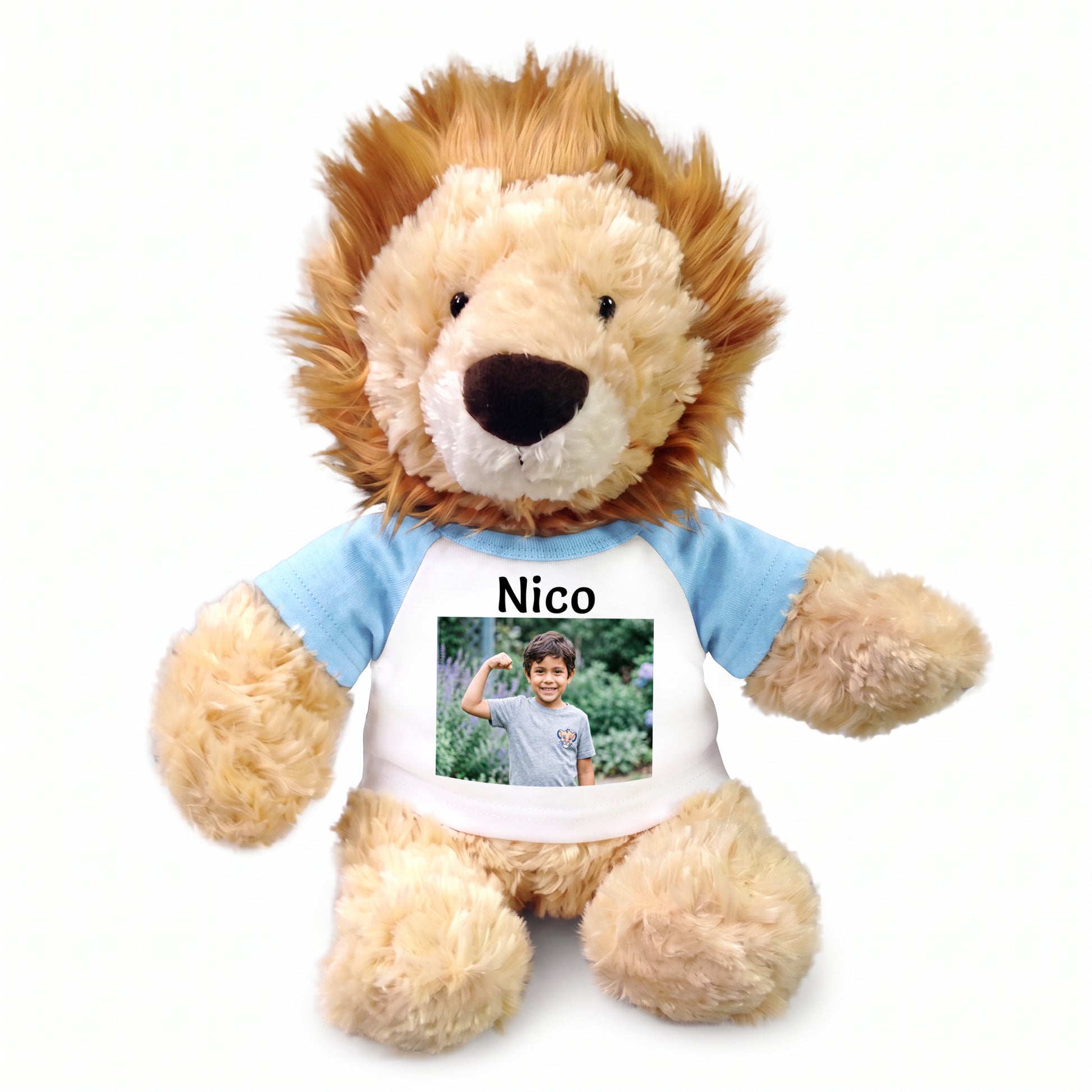 Personalized Stuffed Lion - 12 inch Tubbie Wubbie Lion with Photo and/or Text - Light Blue Shirt