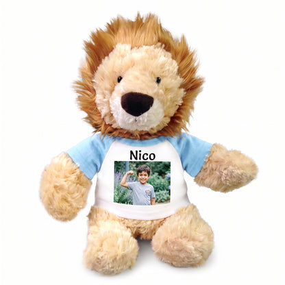 Personalized Stuffed Lion - 12 inch Tubbie Wubbie Lion with Photo and/or Text - Light Blue Shirt