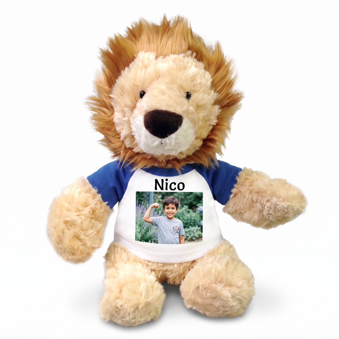Personalized Stuffed Lion - 12 inch Tubbie Wubbie Lion with Photo and/or Text - Royal Blue Shirt