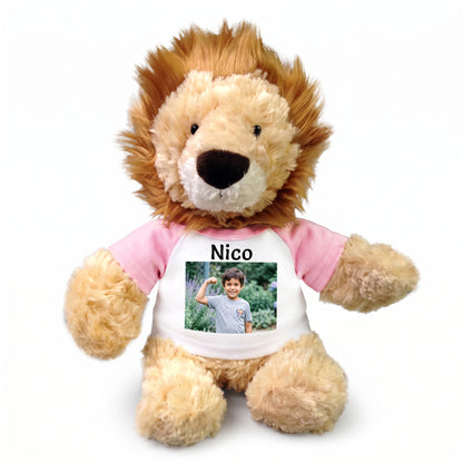 Personalized Stuffed Lion - 12 inch Tubbie Wubbie Lion with Photo and/or Text - Pink Shirt