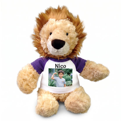 Personalized Stuffed Lion - 12 inch Tubbie Wubbie Lion with Photo and/or Text - Purple Shirt