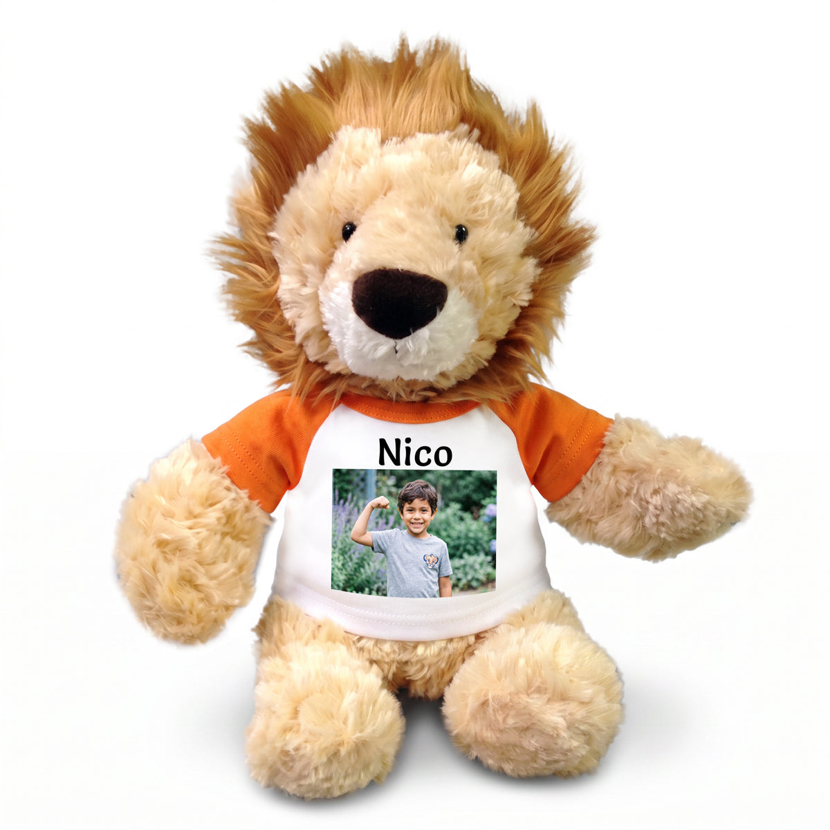 Personalized Stuffed Lion - 12 inch Tubbie Wubbie Lion with Photo and/or Text - Orange Shirt