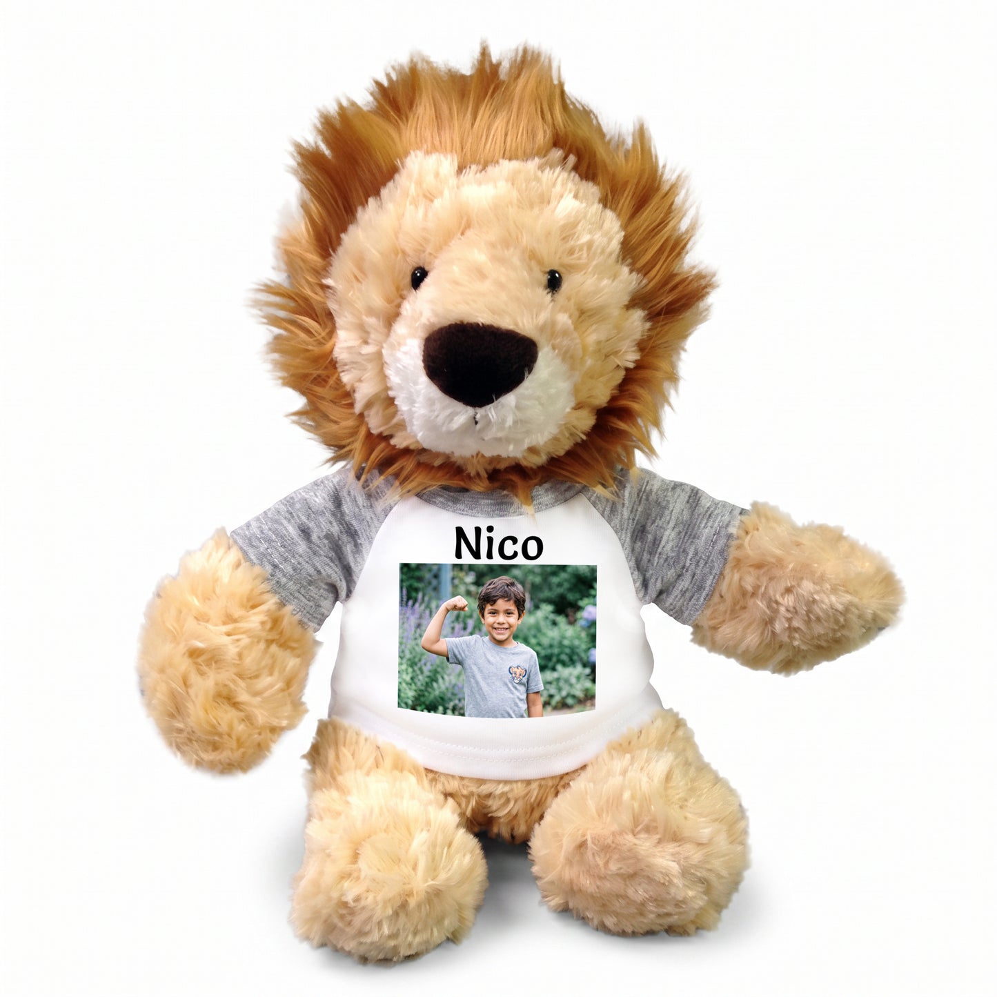 Personalized Stuffed Lion - 12 inch Tubbie Wubbie Lion with Photo and/or Text - Grey Shirt
