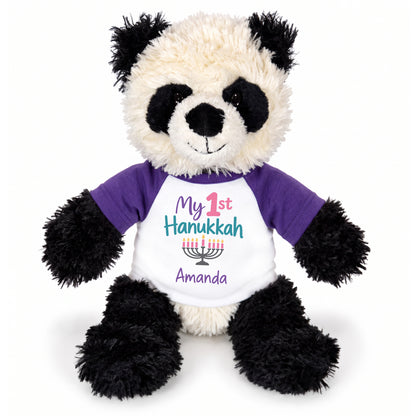 Personalized Hanukkah Stuffed Panda - 12 Inch Plush Tubbie Wubbies Panda - My 1st Hanukkah, Purple Shirt / Pastel Design