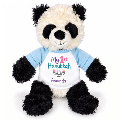Personalized Hanukkah Stuffed Panda - 12 Inch Plush Tubbie Wubbies Panda - My 1st Hanukkah, Light Blue Shirt / Pastel Design