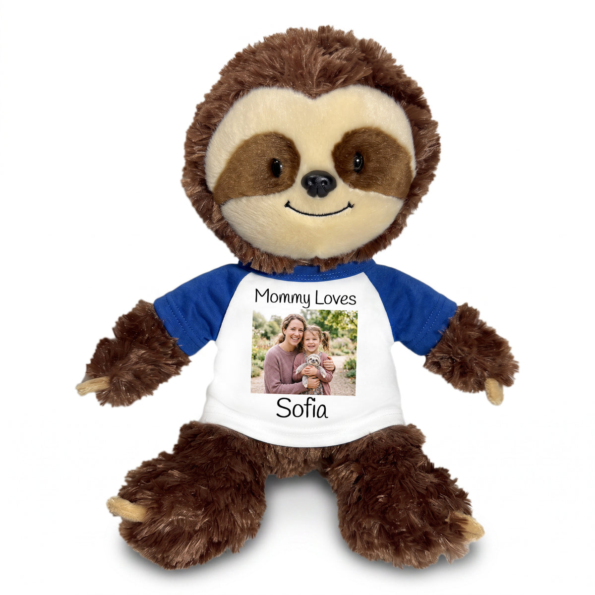 Personalized Stuffed Sloth - 12" Aurora Plush Tubbie Wubbie Sloth with Photo and/or Text - White w/Royal Blue Sleeves – add $3, Print on Front Only (Included)