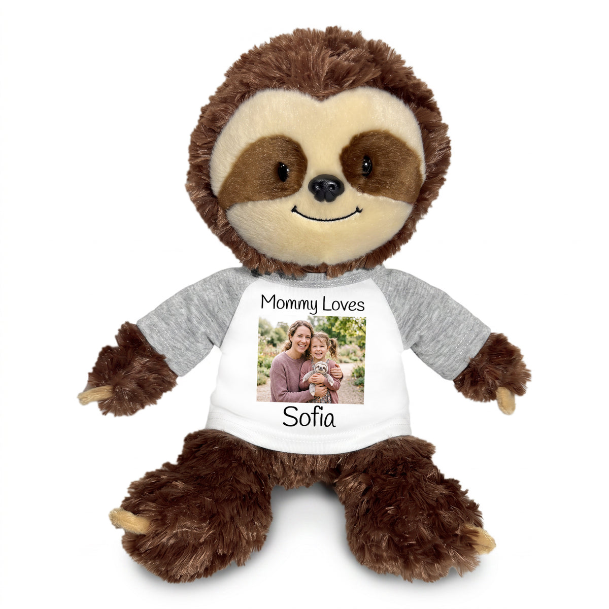 Personalized Stuffed Sloth - 12" Aurora Plush Tubbie Wubbie Sloth with Photo and/or Text - White w/Grey Sleeves - add $3, Print on Front Only (Included)