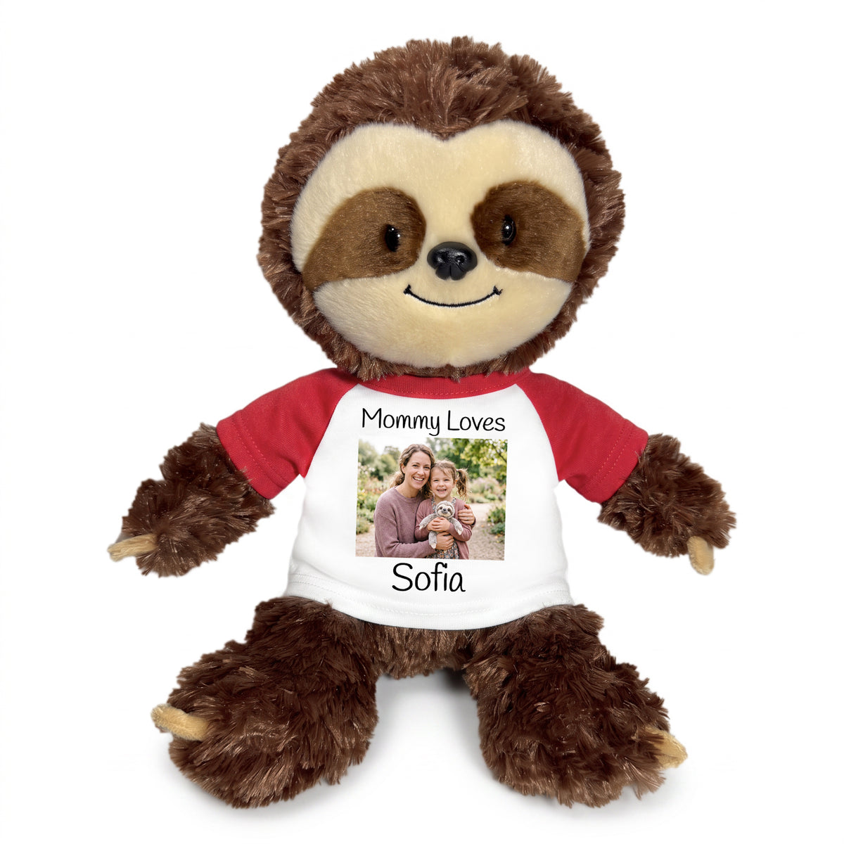 Personalized Stuffed Sloth - 12" Aurora Plush Tubbie Wubbie Sloth with Photo and/or Text - White w/Red Sleeves – add $3, Print on Front Only (Included)
