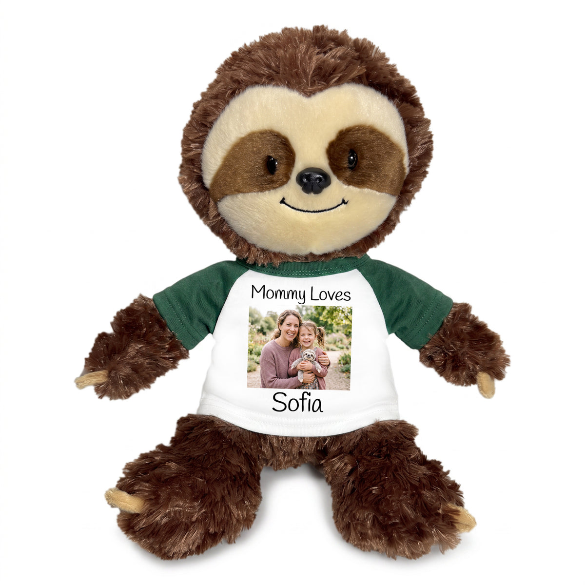 Personalized Stuffed Sloth - 12" Aurora Plush Tubbie Wubbie Sloth with Photo and/or Text - White w/Green Sleeves – add $3, Print on Front Only (Included)