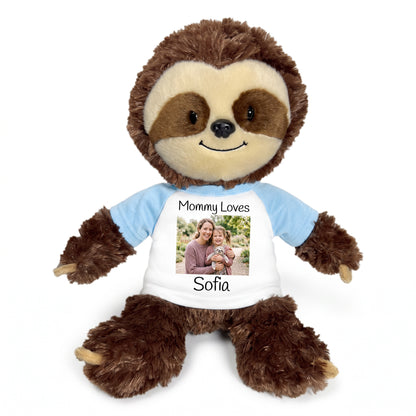 Personalized Stuffed Sloth - 12" Aurora Plush Tubbie Wubbie Sloth with Photo and/or Text - White w/Light Blue Sleeves – add $3, Print on Front Only (Included)