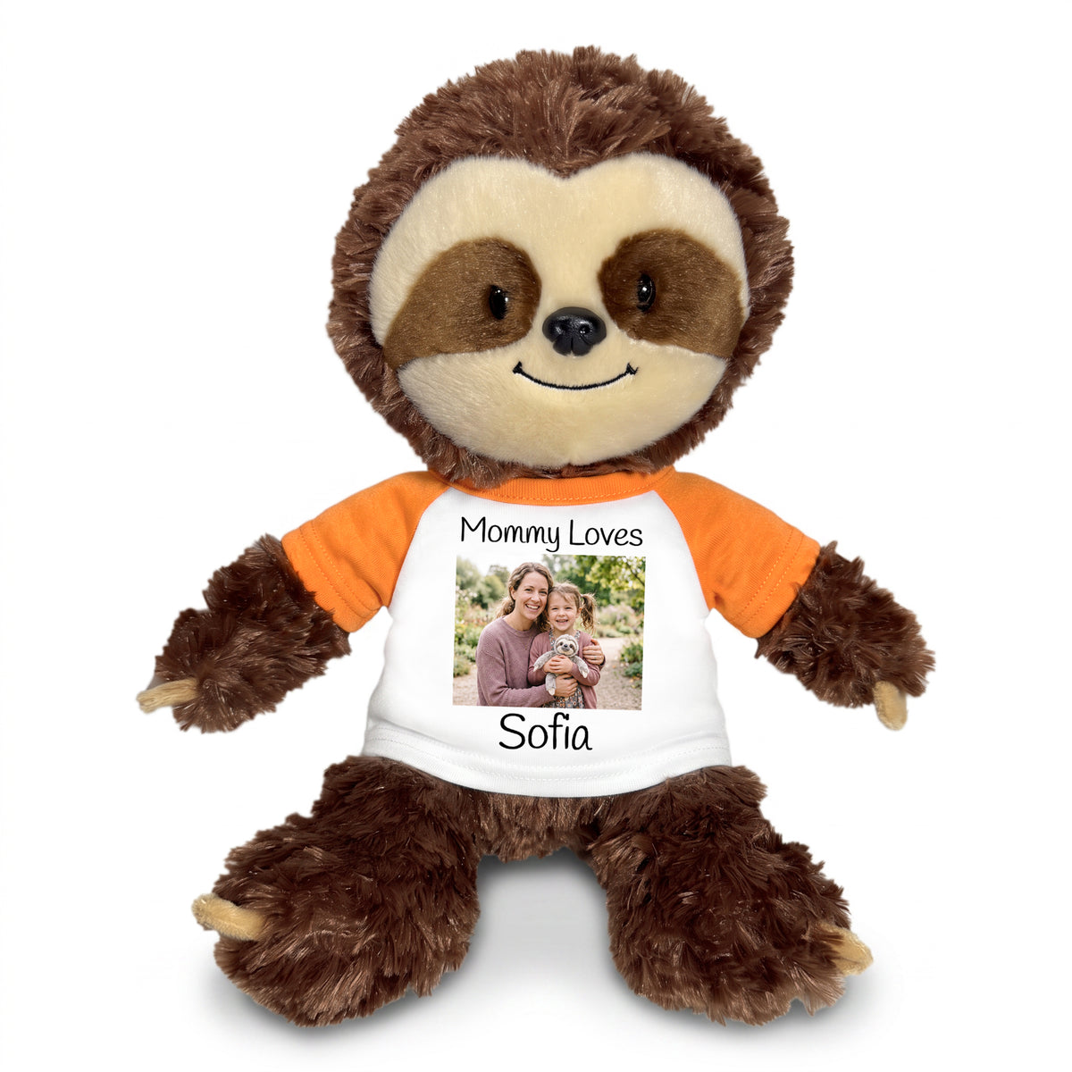 Personalized Stuffed Sloth - 12" Aurora Plush Tubbie Wubbie Sloth with Photo and/or Text - White w/Orange Sleeves – add $3, Print on Front Only (Included)
